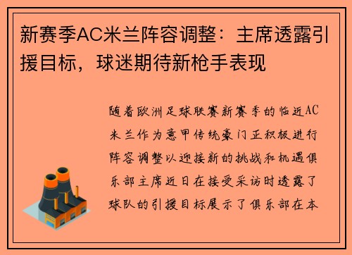 新赛季AC米兰阵容调整：主席透露引援目标，球迷期待新枪手表现
