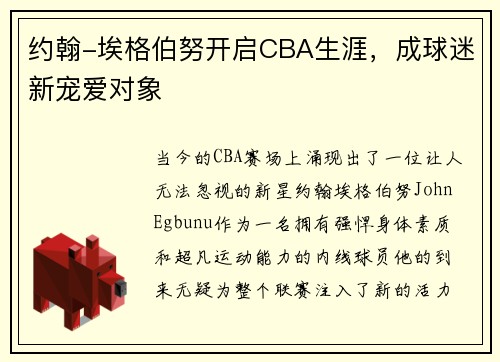 约翰-埃格伯努开启CBA生涯，成球迷新宠爱对象